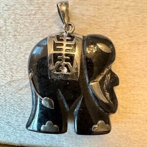 Black Jade Hong Kong Carved Elephant Pendant with Silver Accents